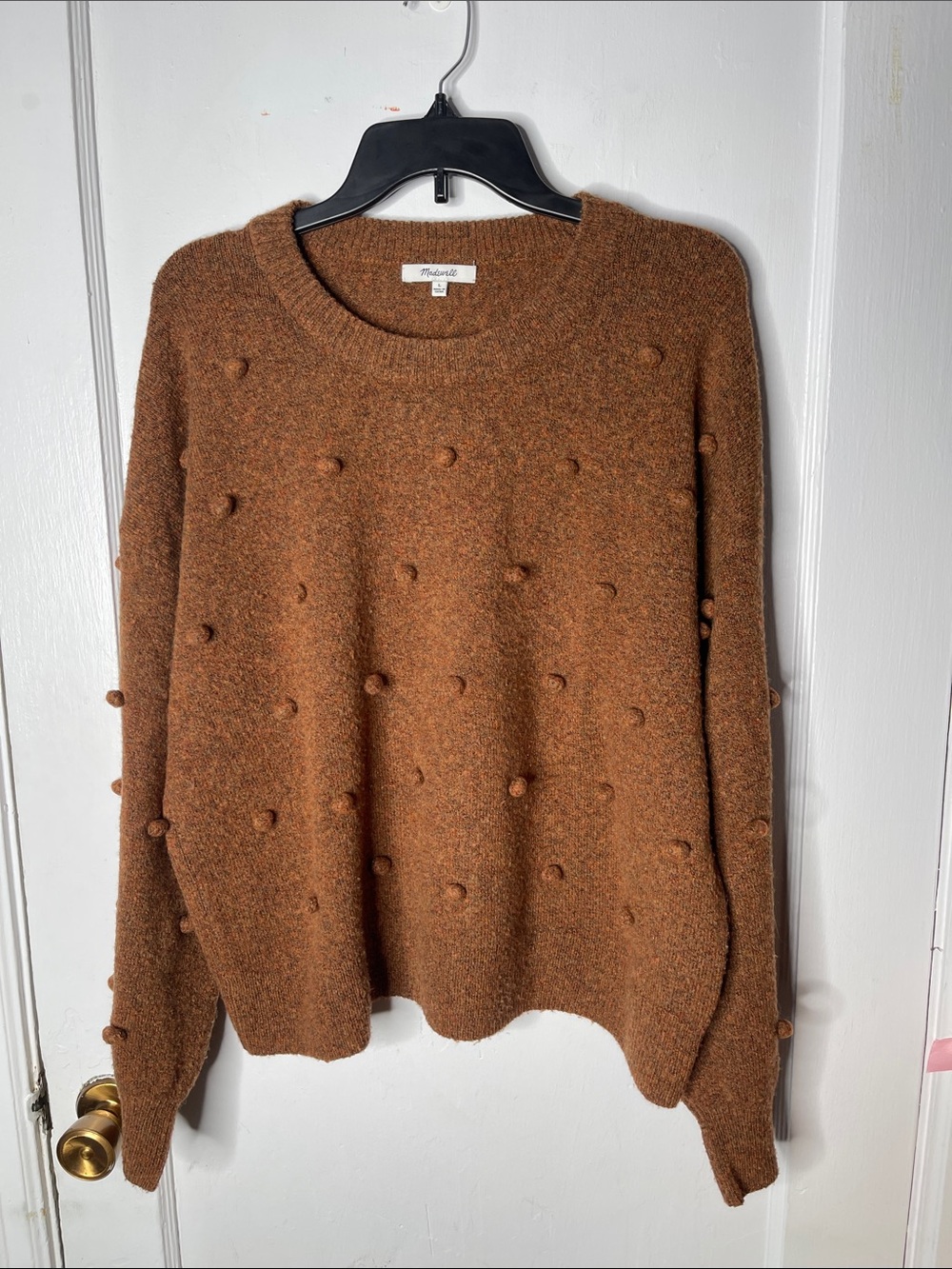 Madewell Sweater Large Crewneck Copper Brown Pom Poms Balls Soft Cozy Stretch L
